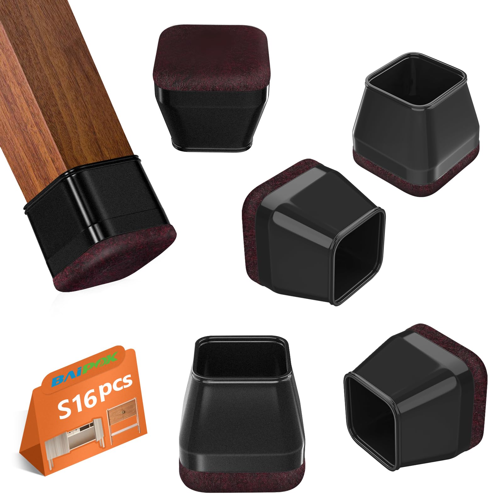 16pcs Square Chair Leg Protectors, BAIPOK Silicon Chair Leg Covers Caps for Hardwood Floors, Furniture Feet Protectors Pads Chairs Leg Cups With Felt Pads, No Noise and No Scratches — image 1
