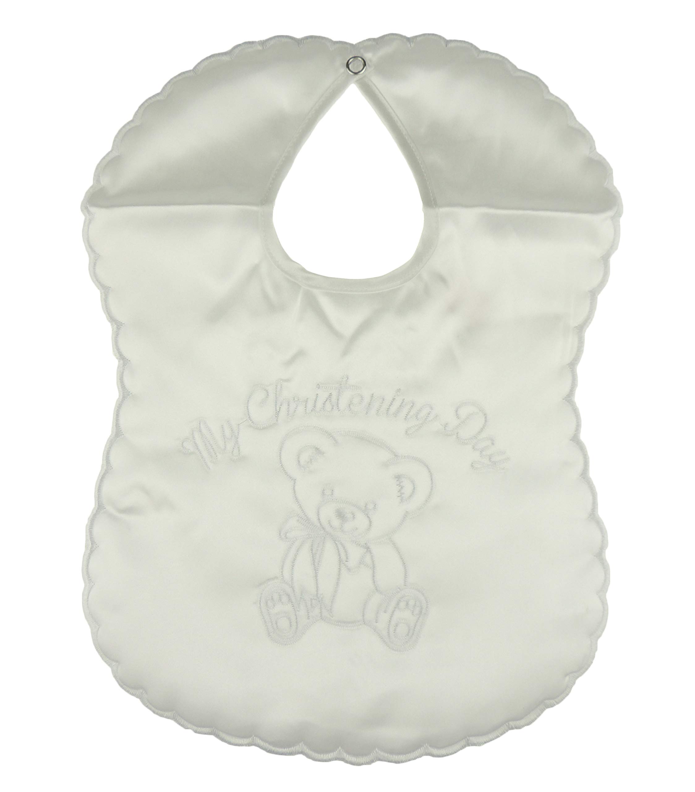 Glamour Girlz Baby Girls Boys White Embroidered Satin My Christening Baptism Special Day Teddy Bear Bib Newborn - 6 Months (Teddy)