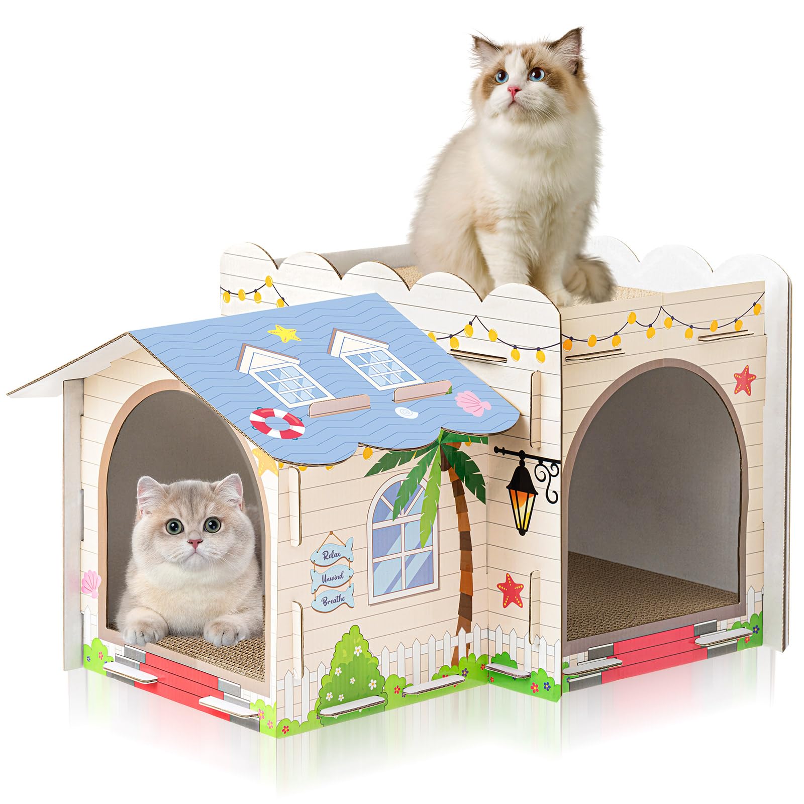 Photo 1 of Multi Level Cardboard Cat House with 3 Scratchers Large Sturdy Cat Beach Villa 17"x12"x10" Cute Pet Play Condo Beds Toys Hideout for Bunny Small Animals Birthday