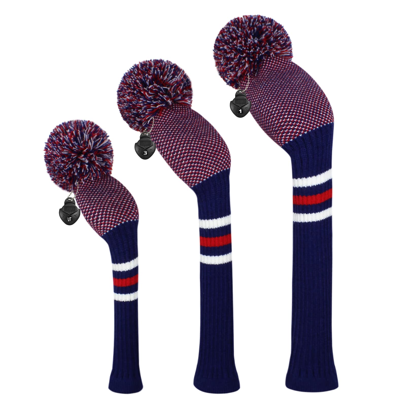 Scott Edward Knitted Golf Club Head Covers for Woods 3Pcs Set Golf Driver (460CC) Fairways and Hybrid/UT with Rotating Number Tags(Dots)