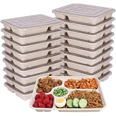 JAYEEY 40 oz 5 Compartments disposable plates with Lids Plant Fiber 25 Pack