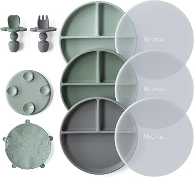 Moonkie Suction Plate Baby Weaning Set 3 Pcs Mint Sage Lunar Grey