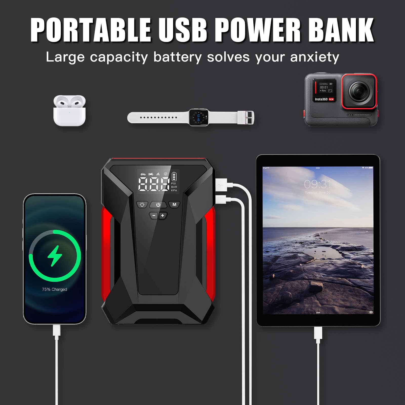 Mua Car Jump Starter, 4000A Peak Car Battery Charger with Air