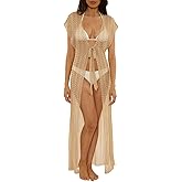 BECCA womens Golden Crochet Maxi Robe, Casual, Sheer, Beach Cover Ups for Women