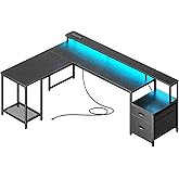 PRAISUN 66" L Shaped Gaming Desk with LED Lights &amp; Power Outlets | Computer Desk with Fabric Drawers and Print Stand, Corner Office Desk, Monitor Stand, Mesh CPU Stand, Black