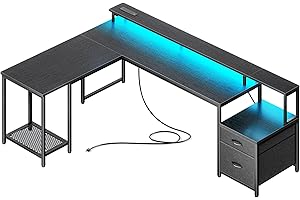 PRAISUN 66" L Shaped Gaming Desk with LED Lights & Power Outlets, Computer Desk with Fabric Drawers and Print Stand, Corner Office Desk, Monitor Stand, Mesh CPU Stand, Black