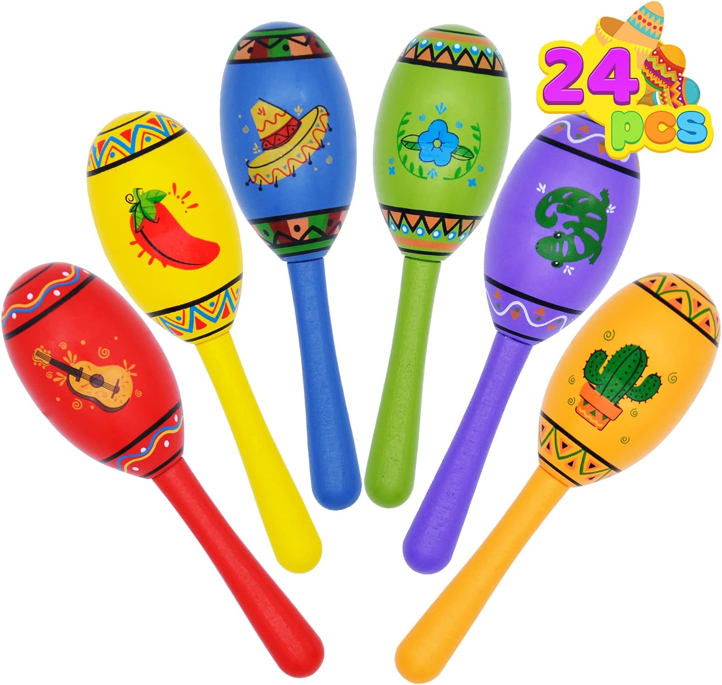 24 Mini Wooden Fiesta Maracas 6 Designs Noisemaker for Mexican Fiesta, Cinco De Mayo Party Favors, Musical Fun, Birthday Parties, Luau Party, Carnivals, Taco Tuesday Event: Toys & Games