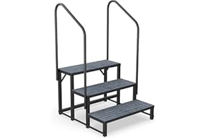 ZSLTLDU RV Steps with Handrail, Hot Tub Steps, Upgraded 3 Tier Heavy Duty Steel Mobile Home Steps, Spa Steps Outdoor Stairs for 5th Wheel RV Camper Trailer Porch with Non-Slip Mats