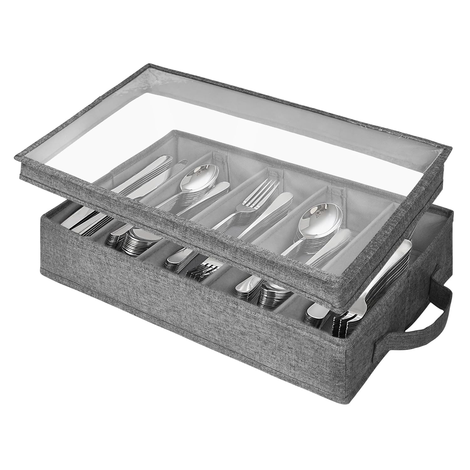 Photo 1 of Grekos Flatware Utensil Storage Case, Silverware Storage Box with 4 Adjustable Dividers and Removable Lid, Cutlery Case Utensil with 5 Compartment Storage for Spoon Fork Knives Tableware (Gray)