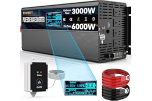 ROARBATT Pure Sine Wave Power Inverter, 3000W 12V DC to 110V/120V AC, Peak 6000W - Remote Control, 4 AC Outlets, Dual USB, LED Display, Terminal Blocks for Truck/RV/Car/Solar