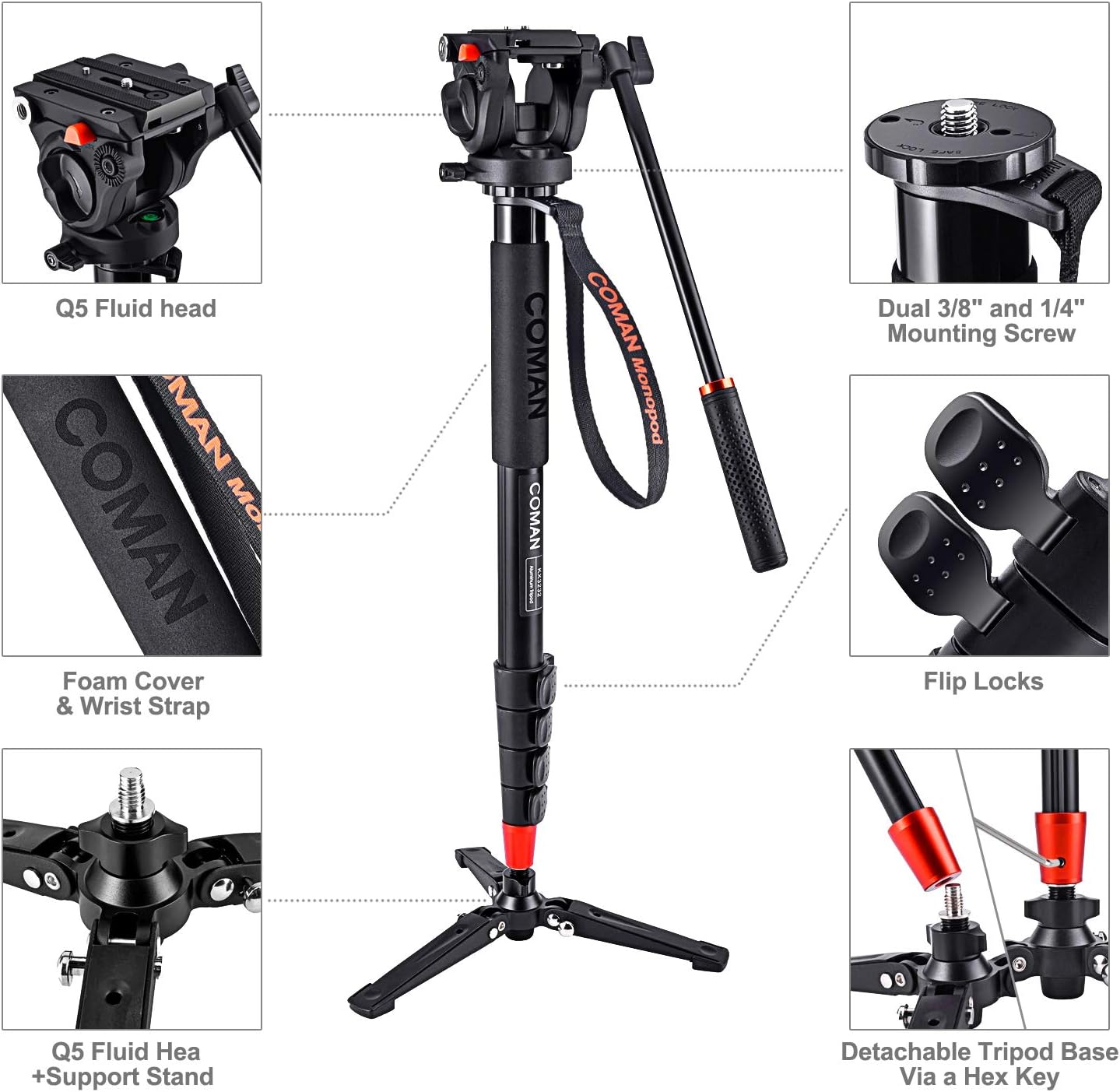 Monopod, COMAN KX3232 73.2 inch Professional Monopod Tripod Lightweight Aluminum Telescopic Camera Monopod with Pan Tilt Fluid Head and Tripod Base for DSLR Video Cameras : Camera & Photo