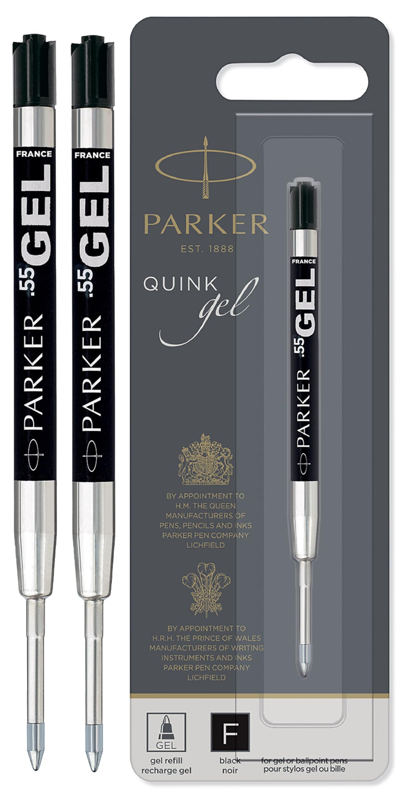 Parker Quink Gel Ballpoint Pen Refills - 0.5mm Fine Tip - Black Ink - Pack of 2