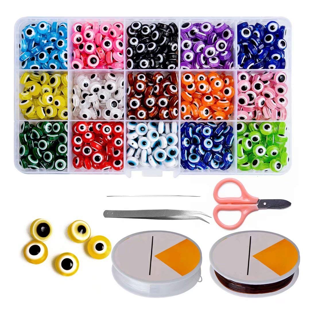 Kalolary 750pcs Handmade Evil Eye Beads Charms Lampwork Flat Round Eye Bracelet Beads for DIY Necklace Bracelets Jewelry Making