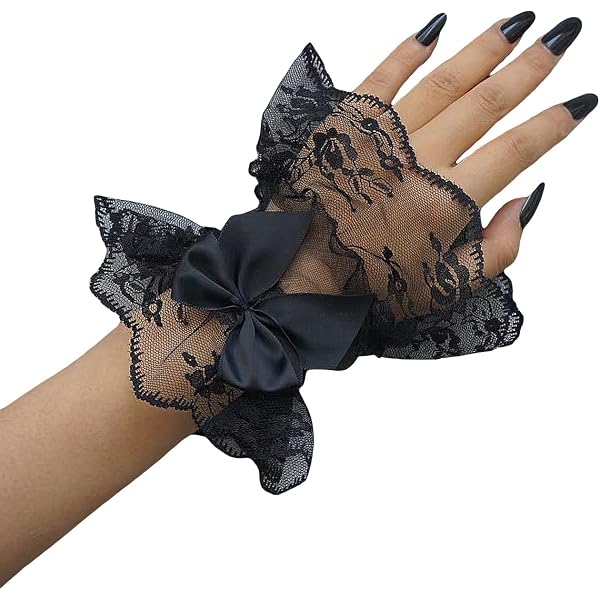 SONGJIE 1 par de guantes de encaje Lolita negro manga de mano sexy encaje elástico pulsera mujer volantes floral encaje muñeca puños para Halloween, boda, mascarada, Negro