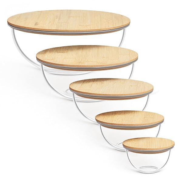VTOPMART 5 PACK GLASS MIXING BOWLS WITH BAMBOO...