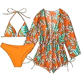 Yuiseaik Women's 3 Piece Swimsuit with Cover Up Sexy Triangle Bikini Set Bathing Suit Beach Coverup XS-XXL