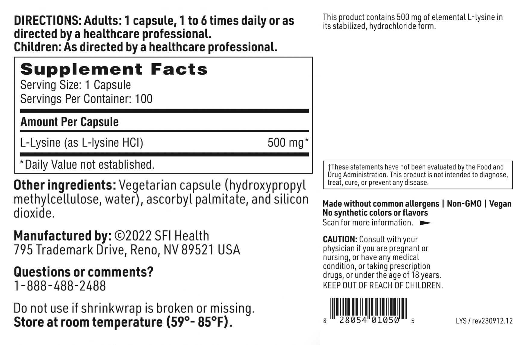 Klaire Labs SFI Health L-Lysine - 500 Milligrams Essential Amino Acid Support for Immune Health & Collagen Formation, Hypoallergenic & Dairy-Free (100 Capsules) (Pack of 2)