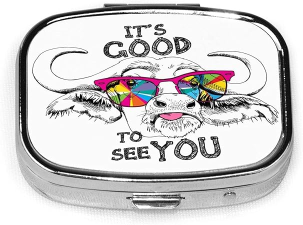 Amazon ピルケース 小物入れパーツボックス携帯サプリメントケース 薬ケース 薬入れ 薬箱 レインボーグラスでかわいい牛 お会いできてうれしいです 引用のレタリング ユーモアカード 金属 持ち運びに便利 小型 薄型 飲み忘れ防止 おはよ子 旅行 登山 老人 出張 淼