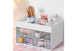 Desk Organizer with 4 Drawers, Multi-Functional Pen Holder for Desk, Desk Organizers and Accessories with 4 Compartments, Pla