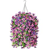 INQCMY Artificial Hanging Flowers Decoration, 4pcs Fake Floral Basket Plants for Outdoor Porch, Faux Shrubs Home Spring Decor UV Resistant Potted Violets for Outside Garden No Fade