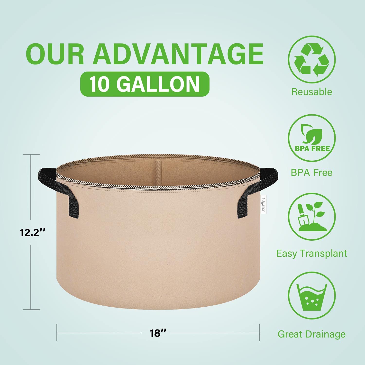 iPower Plant Grow Bag 10-Gallon 5-Pack Heavy Duty Fabric Pots, 300G Thickened Nonwoven Aeration Durable Container, Nylon Strap Handles for Gardening, Planting Tomatoes, Herbs, Flowers, Tan