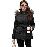 PAPILLON D'OR WEAR YOUR WINGS Women's Belted Mid-Length Puffer Coat - Detachable Faux Fur Collar Winter Jacket