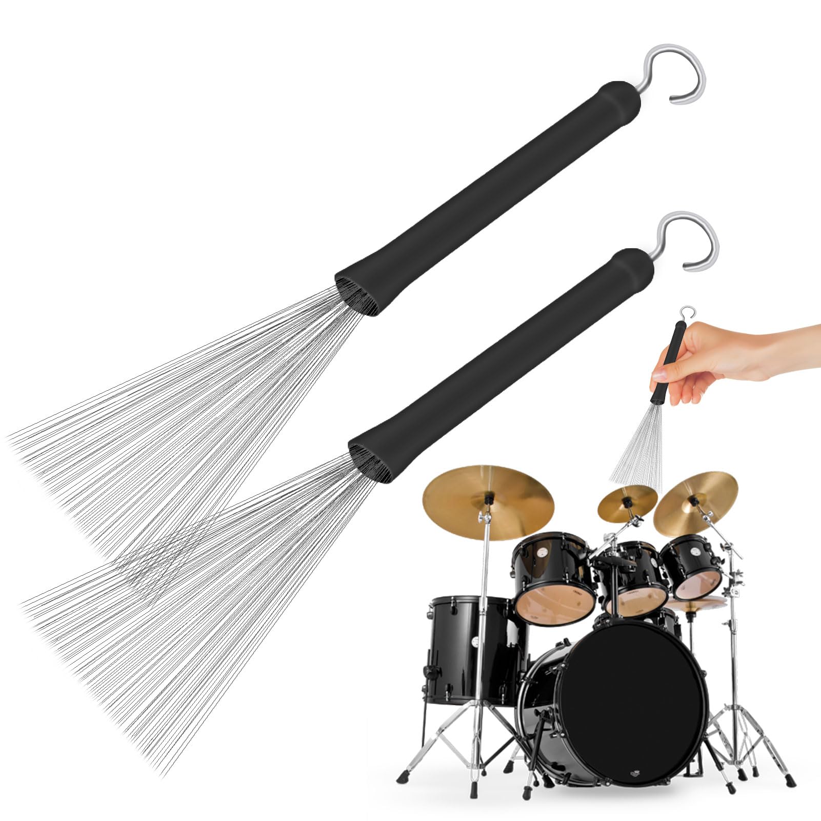Drum Brushes,2 PCS Retractable Drum Brush,Retractable Long handled Wire Brushes,Stainless Steel Drum Stick Brush with Comfortable Rubber Handles,Jazz Drum Brushes for Rock Jazz Folk Drum Sticks