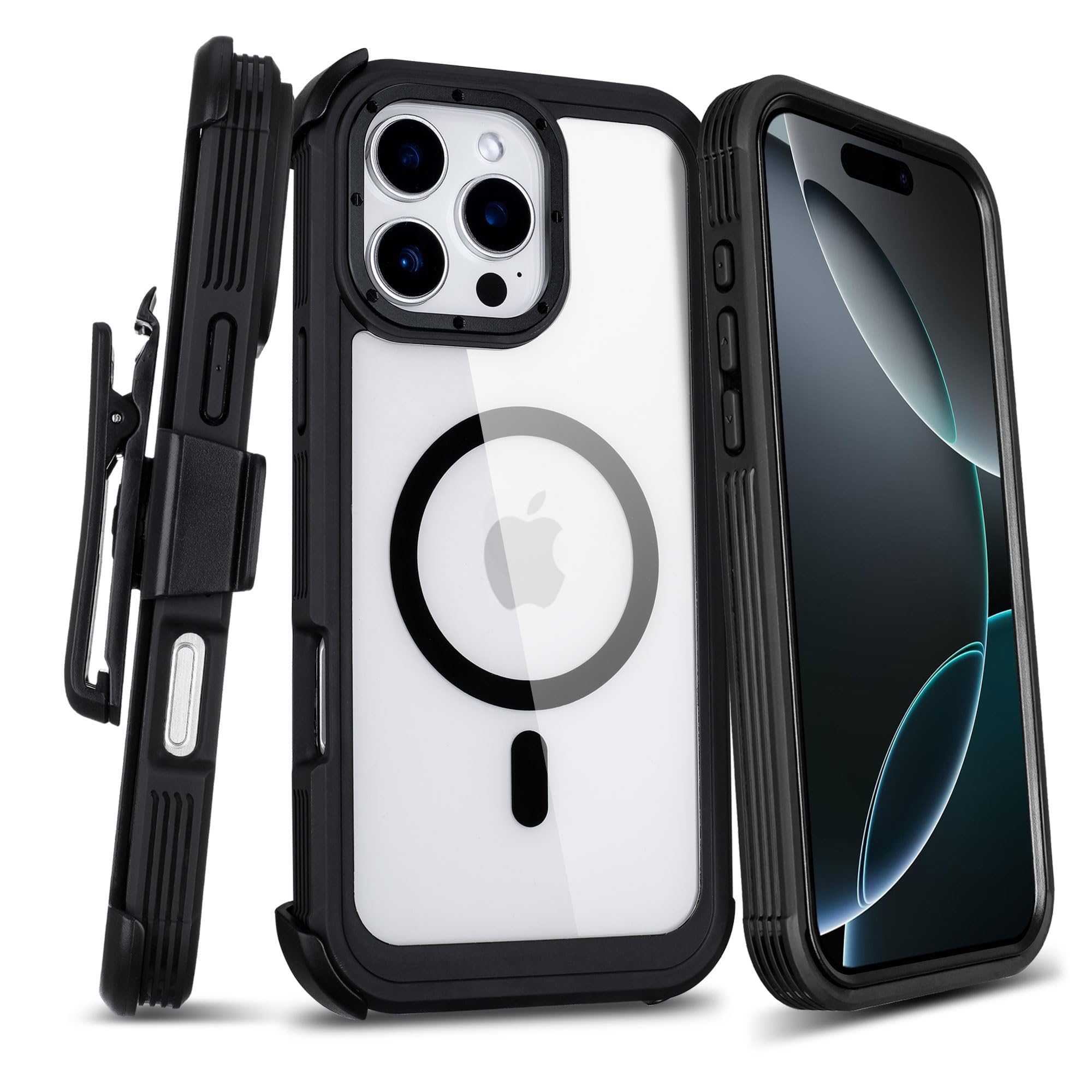 Magnetic Case Designed for iPhone 16 Pro Max Case with Belt Clip Holster, Magnetic Wireless Charging, Anti-Yellowing, Full-Body for Clear Phone Case iPhone 16 Pro Max (Clear & Black)