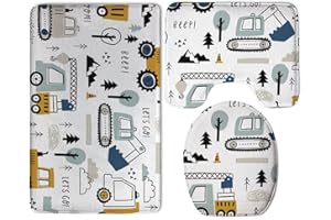 CWECVWE 3 Piece Bathroom Rug Set Cute Cars Truck Tractor Excavator, Soft Bathroom Shower Tub Mats, Absorbent Bath Mat with Non-Slip Backing, Washable Toilet Lid Cover