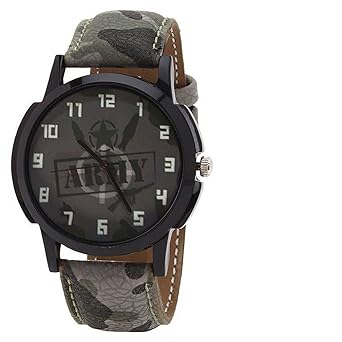 Quartz Analogue Black Dial Leather Army Strap Mens Watch