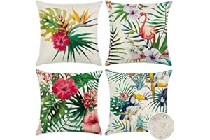 Artscope Set of 4 Decorative Throw Pillow Covers 18x18 Inches, Tropical Plants and Flowers and Birds Pattern Waterproof Cushion Covers, Perfect to Outdoor Patio Garden Living Room Sofa Farmhouse Decor