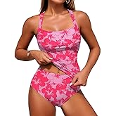 ZAFUL Women's Tankini Swimsuits Tummy Control Swimwear Two Piece Bathing Suits Swim Top with High Waisted Bottom