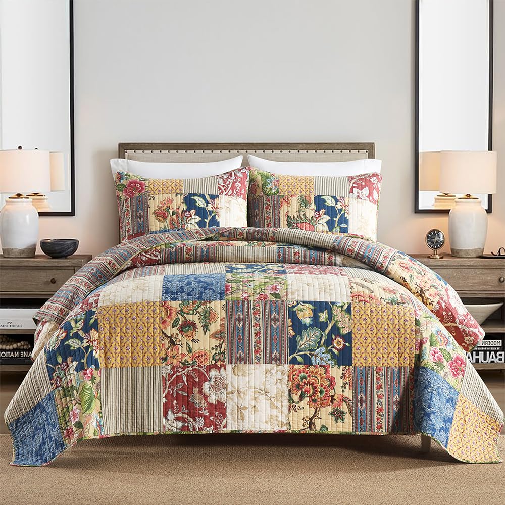 Photo 1 of VISIMISI Cotton Bedspread Quilt Sets Reversible Bedding Coverlet Sets 3 Pieces Gorgeous Rustic Vintage Floral Red Yellow Patchwork Bedspread, King Size