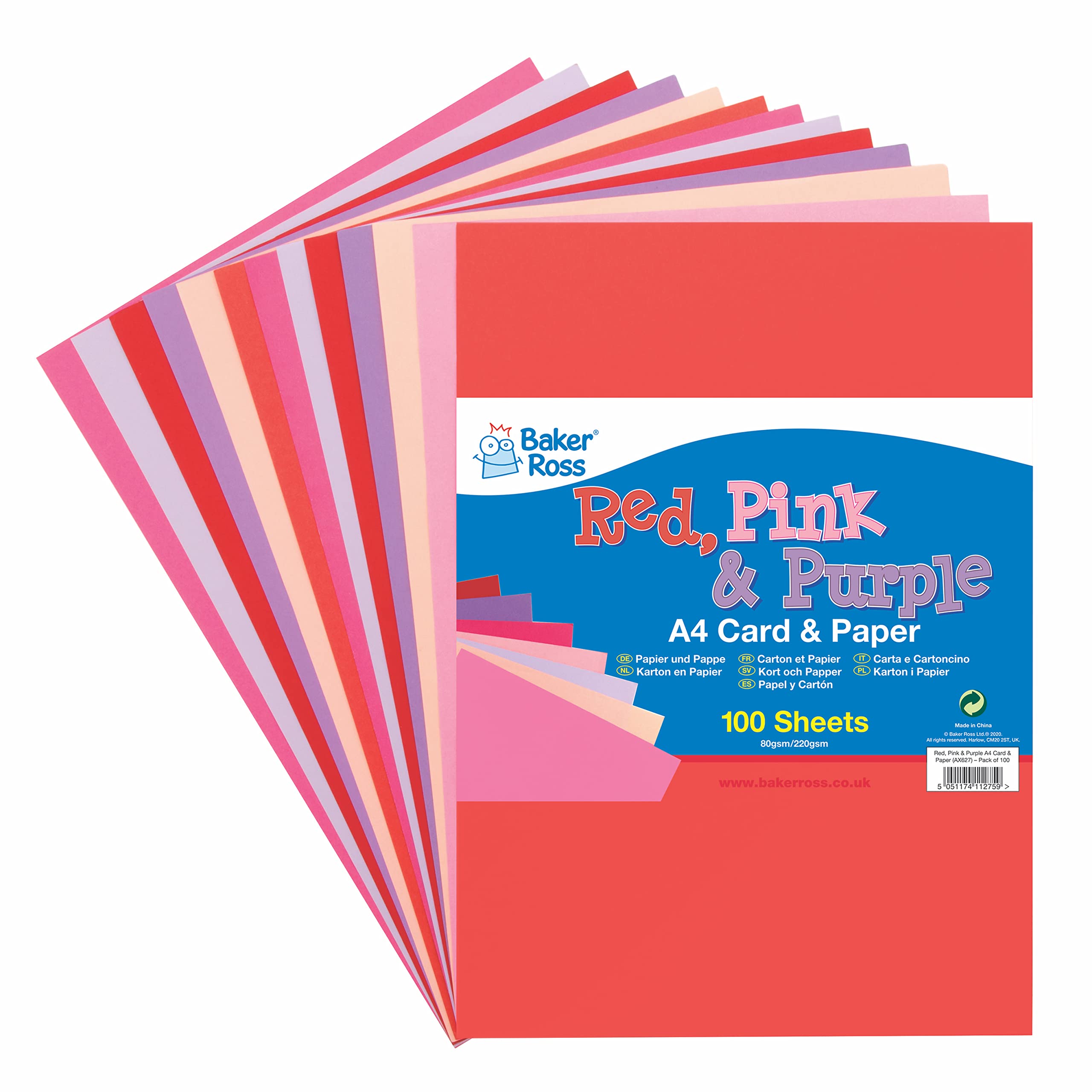 Baker Ross AX627 Valentines Card & Paper - Pack of 100, Reds, Pinks and White Bumper Collection. Great for at Home Crafting or Classroom Supplies This Spring, Valentines