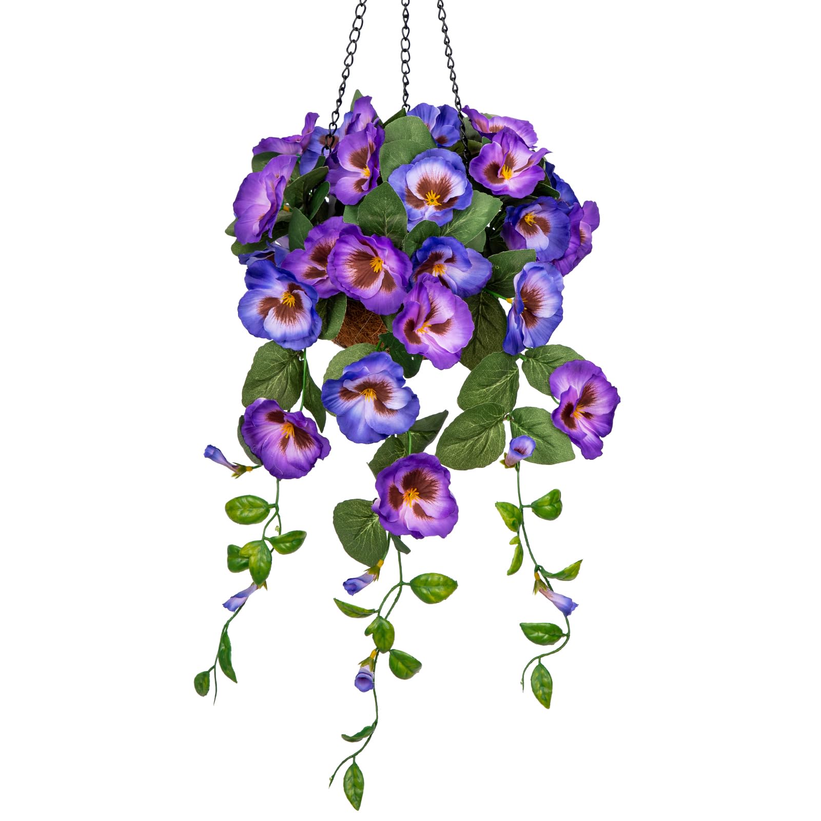 Hollyone 17.7" Hanging Basket Artificial Flowers Outdoor, Silk Pansies Purple and Blue Fake Flowers, Balcony Accessories Home Decorations for Garden, Front Door