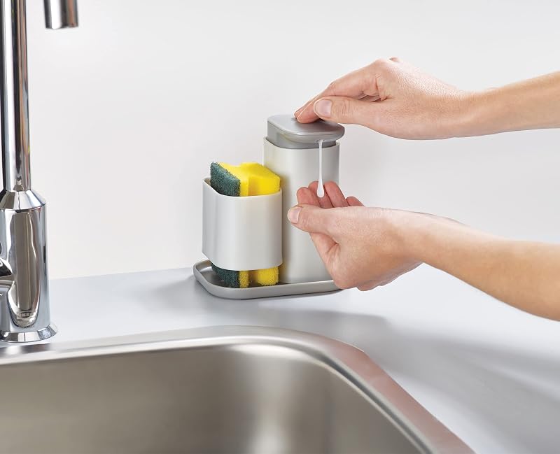 Duplo dispensador de sabonete de cozinha com suporte para esponja, organizador e arrumação para o pia da cozinha, cinzento