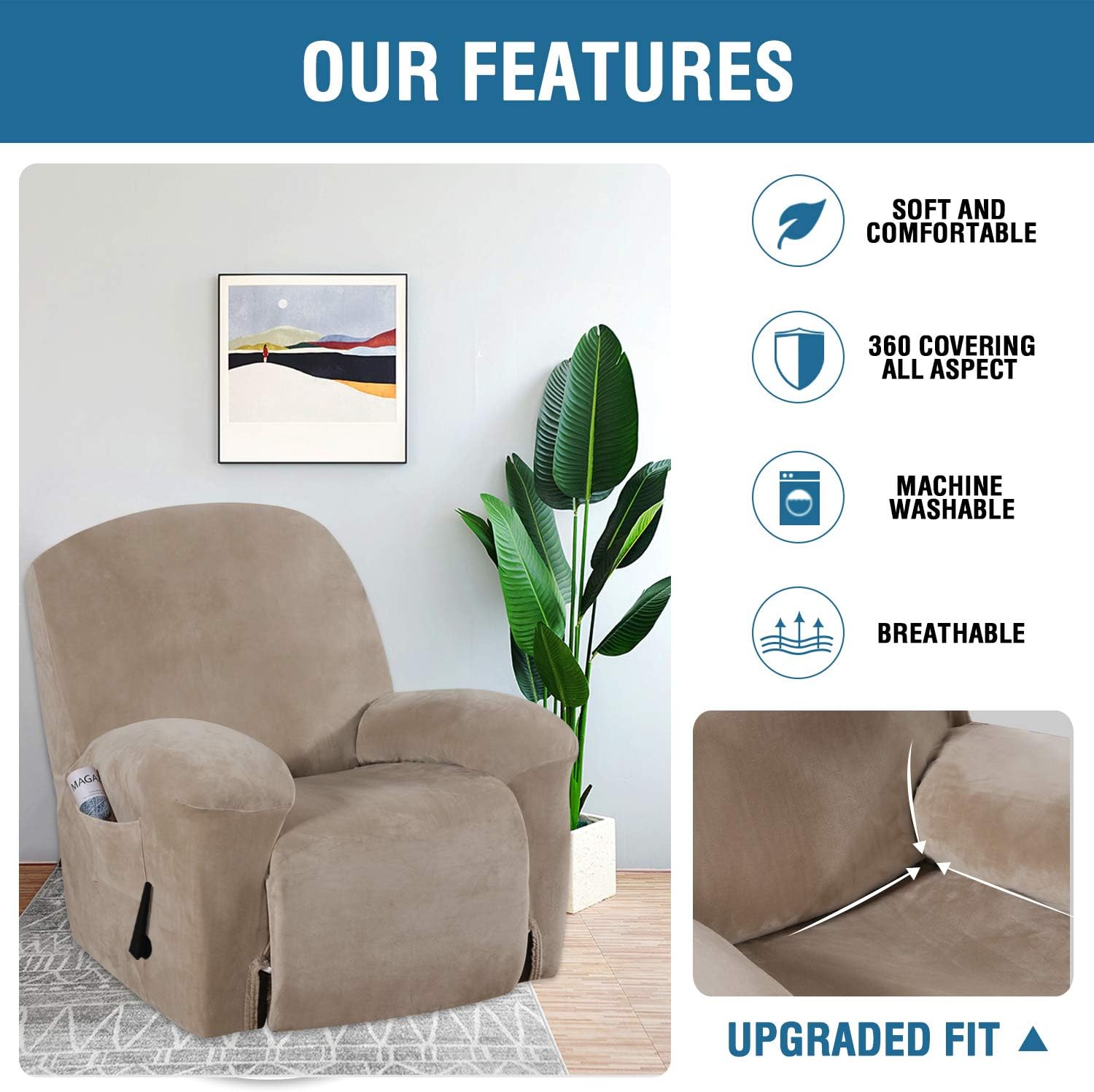 BellaHills High Stretch Sofa Slipcover Velvet Plush Sofa Cover for Living Room Sofa Cover Slip Resistant Stylish Furniture Protector/Couch Covers/Lounge Covers for Recliner (Recliner - Image 4