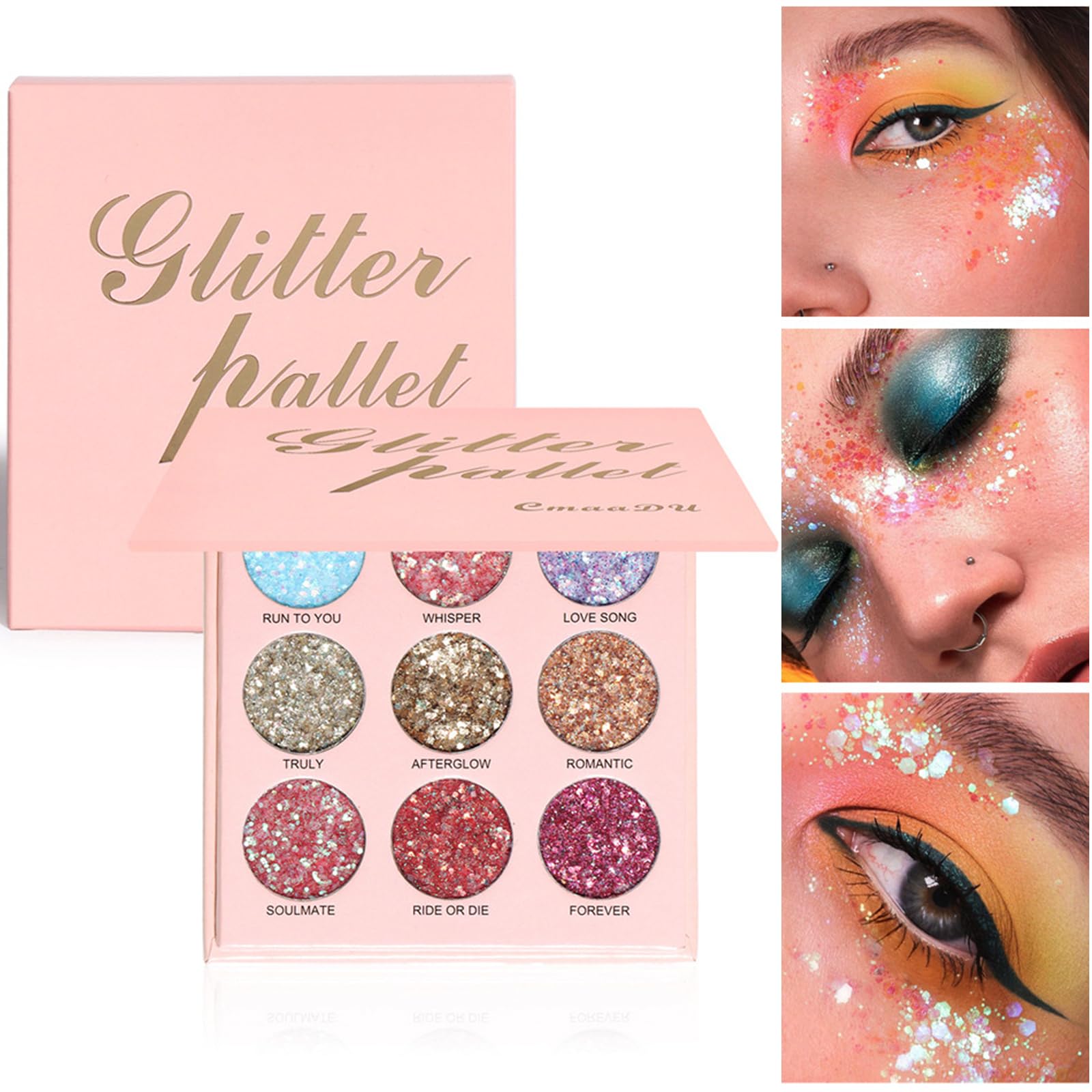 Glitter Eyeshadow Palette Eye Shadow Pallets for Women, Pink Gold Silver White Shimmer Sparkly Colorful Metallic Long Lasting Highly Pigmented Eye Shadows Palettes Makeup Gifts for Women and Girls