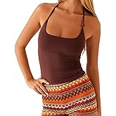 Women Boho Halter Top Vintage Beaded Tie Back Slim Fit Sleeveless Tank Top Aesthetic Goth Clothes