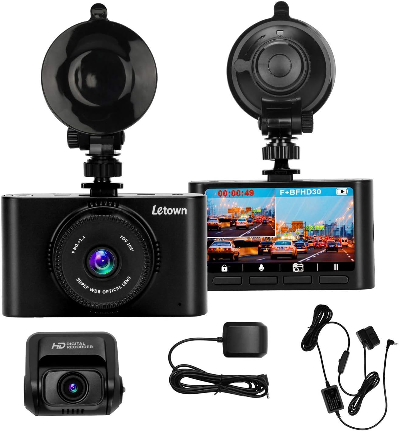 Car Dash Cam LT-9 1080P Front+1080P Rear(4k Single Front) Dual Channel Dashboard Camera Night Vision Driving Recorder with G-Sensor GPS OBD Power Loop Recording Park Monitor 128GB Max
