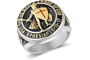 HZMAN Knights Templar Put On The Whole Armor of God Ephesians 6:13-17 Red Cross Design Men's Stainless Steel Ring