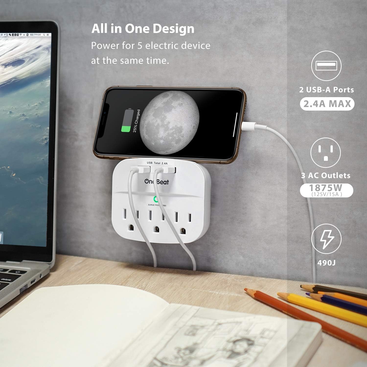 3-Outlet Surge Protector, Multi Plug Outlet Extender Power Strip with 2 USB Wall Charger(Smart 2.4A), 490 Joules, ETL UL Listed, Outlet Adapter for Home, School, Office: Electronics