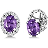 Gem Stone King 8X6MM Oval Gemstone Birthstone Stud Earrings with Removable Jackets | 925 Sterling Silver | Halo Earrings for Women | Fine Jewelry Gifts for Her Mom Women Wife