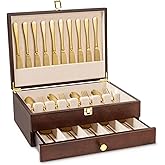 Yoimori Silverware Storage Box, 2-Layer Flatware Storage Case with Drawer, Wooden Silverware Chest with Linen Liner, Rustic Silverware Case for Storing Fine Flatware and Utensils (Walnut)