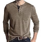 Men Henley Shirt Long Sleeve Lightweight Casual T-Shirts Tops Tees 3 Button Cotton Classic Blend with Pocket Khaki