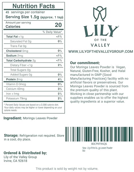 LILY OF THE VALLEY MORINGA LEAF POWDER – GREAT SUPERFOOD FOR MORINGA TEA, MORINGA DRINK – 100% NATURAL SOURCED FROM INDIA – VEGAN & GLUTEN-FREE – PACKED IN RESEALABLE POUCH (16OZ, 453G)