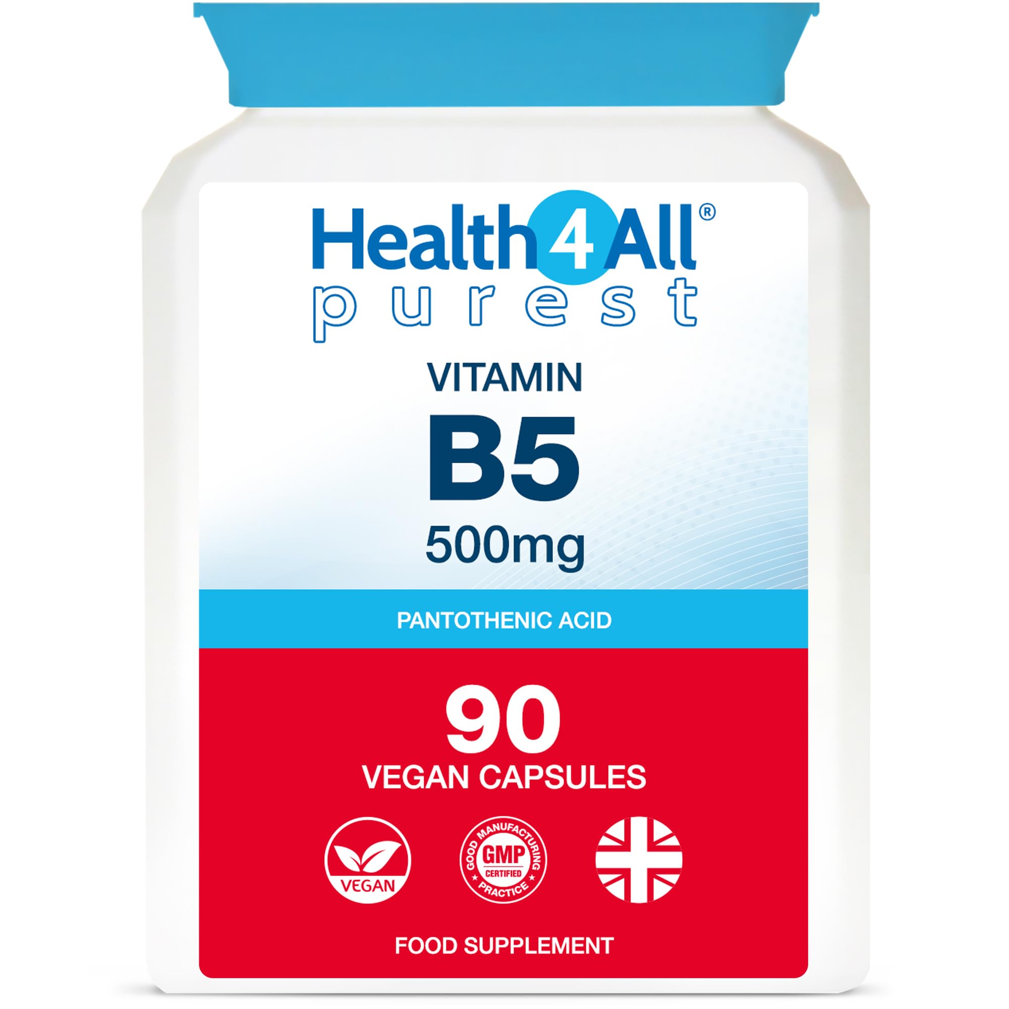 Health4All Vitamin B5 Pantothenic Acid 500mg 90 Capsules 3 Months Supply, Purest No Additives VitB5 Capsules (not Tablets), Vegan, Gluten-Free High Strength 8,333% NRV Supplement | Made in UK