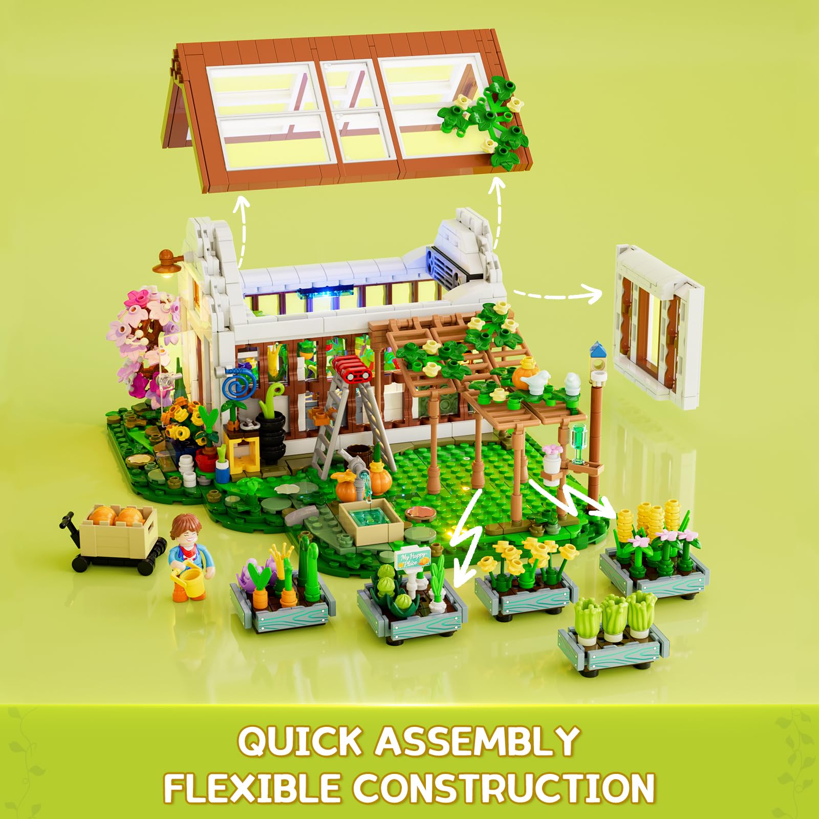 FUNWHOLE Botanisches Gewächshaus Beleuchtetes Baustein-Set – Farm Blumenhaus mit LED Licht, Modularer Modellbausatz, 1428 Teile für Erwachsene und Jugendliche, die Blumen und Pflanzen lieben 3
