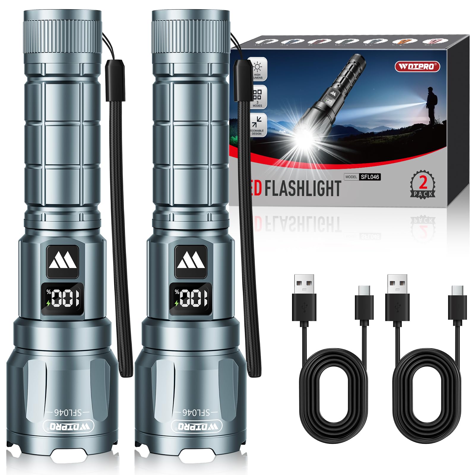 WdtPro LED Rechargeable Flashlight 2 Pack, Super Bright Zoomable 6000 Lumens Tactical Flashlight with LCD Digital Display, 3 Mode Waterproof Flash Light for Camping, Hunting & Home Emergency - Grey Image