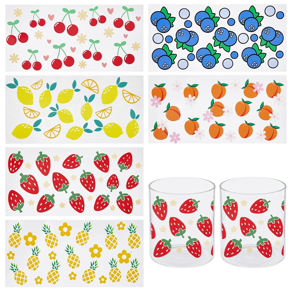 GORGECRAFT 6 Styles Cup Wrap Transfer Stickers Fruits Theme Peach Pineapple Strawberry Lemon Cherry Blueberry Waterproof Rub On Transfer Stickers Decals Clear Film Transfer Paper for Glass Cups